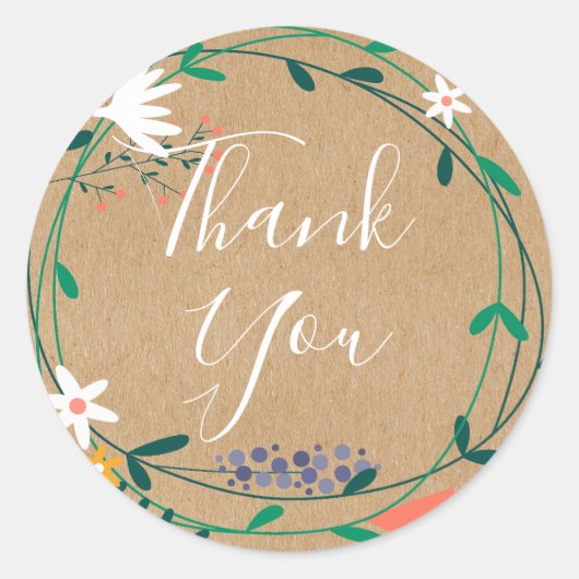 Sticker Rond Guirlande florale rustique Script Merci (Devant)