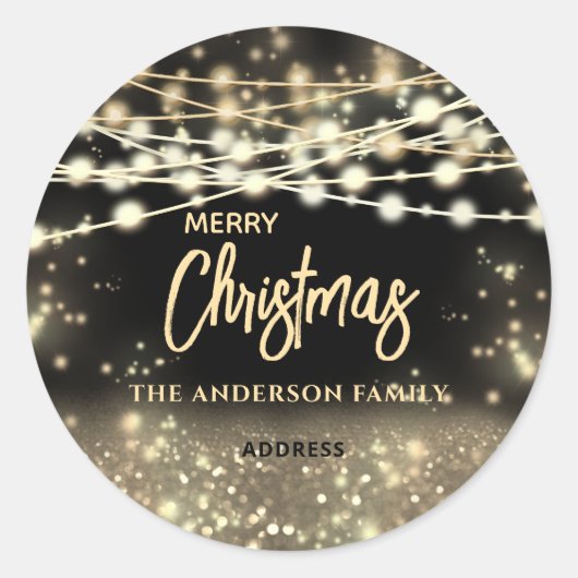 Sticker Rond Guirlande lumineuse noire dorée scintille Joyeux N (Devant)