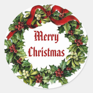 Sticker Rond Guirlande vintage de houx de Noël avec le ruban