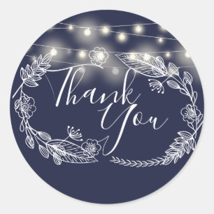 Sticker Rond Guirlandes Lumineuses Bleu Nuit Floral Merci