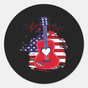 Sticker Rond Guitare 4 juillet Drapeau Américain Usa Country Mu