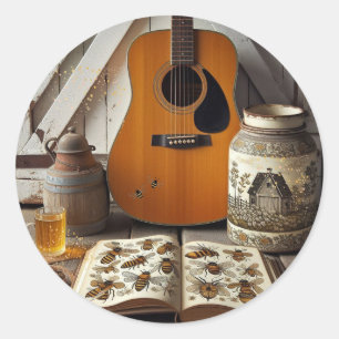 Sticker Rond Guitare acoustique abeilles Pays Vie Nature