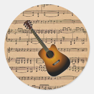 Sticker Rond Guitare acoustique avec Arrière - plan de partitio