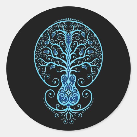 Sticker Rond Guitare Bleue Arbre de Vie sur Noir (Devant)