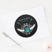 Sticker Rond Guitares Mariages Rock et Roll Turquoise Black aut (Enveloppe)