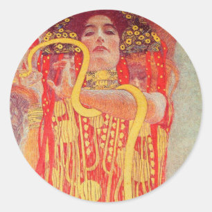 Sticker Rond Gustav Klimt Femme Rouge Peinture de Serpent en Or