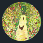 Sticker Rond Gustav Klimt Garden with Chickens<br><div class="desc">Stickers représentant la peinture à l’huile de Gustav Klimt Jardin aux coqs (1917). Deux poulets bruns se dressent sur un chemin de jardin. De belles fleurs roses,  rouges et blanches fleurissent le long du chemin. Un grand cadeau pour les amateurs d'art Art Nouveau et autrichien.</div>