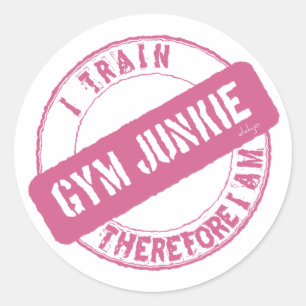 Sticker Rond GYM JUNKIE JE SUIS DONC EN TRAIN D'ÊTRE. rose