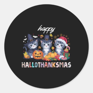 Sticker Rond Hallothanksmas Chat Noël Halloween Thanksgivin