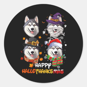 Sticker Rond Hallothanksmas de chien Husky Halloween Thanksgivi