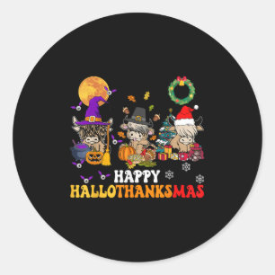 Sticker Rond Hallothanksmas Highland Cow Halloween Noël Th