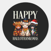 Sticker Rond Hallothanksmas Highland Cow Halloween Thanksgiving (Devant)