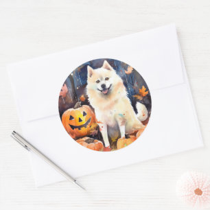 Sticker Rond Halloween Akita Américain Avec La Peur Citrouille