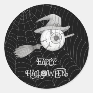 Sticker Rond Halloween balai sorcière, globe oculaire effrayant
