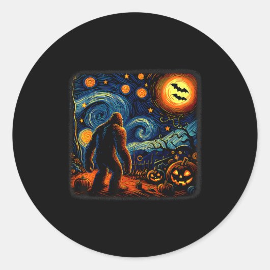 Sticker Rond Halloween Bigfoot Starry Night Van Gogh Sasquatch (Devant)