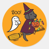 Sticker Rond Halloween Black Labrador et Broom (Devant)