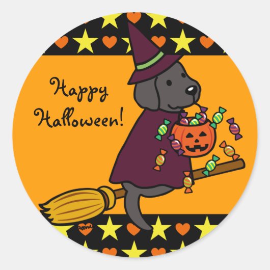 Sticker Rond Halloween Black Labrador et Broom Stars (Devant)
