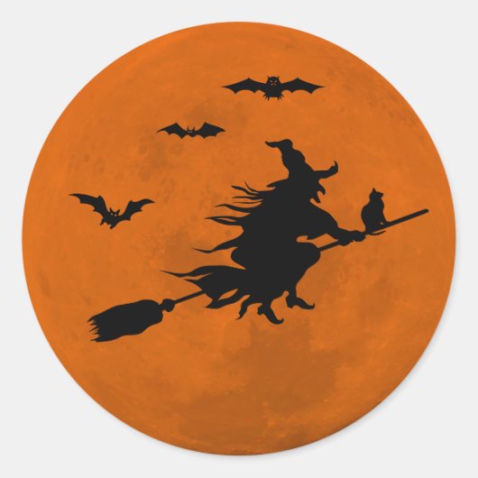 Sticker Rond Halloween Black Wicked Witch Flying Orange Moon (Devant)