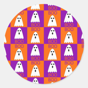 Sticker Rond Halloween Boo Ghost Purple et Carrés orange