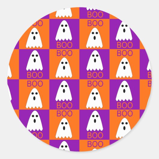 Sticker Rond Halloween Boo Ghost Purple et Carrés orange (Devant)