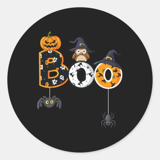 Sticker Rond Halloween Boo Owl Avec Sorcière Casquette Araignée (Devant)