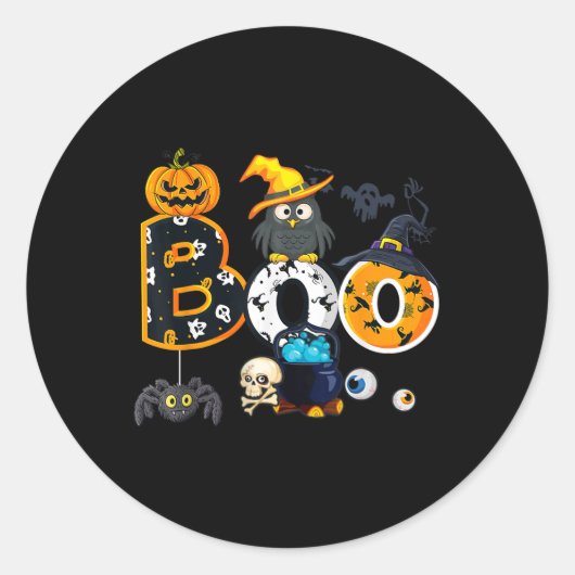 Sticker Rond Halloween Boo Owl Avec Sorcière Casquette Araignée (Devant)