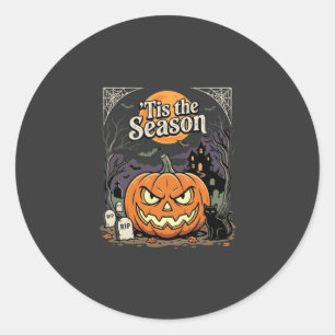 Sticker Rond Halloween C'est la Saison Design de Chat Citrouill
