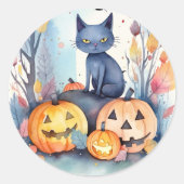 Sticker Rond Halloween Chat Bleu Oriental Avec Peur Citrouille (Devant)
