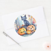 Sticker Rond Halloween Chat Bleu Oriental Avec Peur Citrouille (Enveloppe)