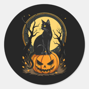 Sticker Rond Halloween Chat femmes Funny Citrouille d'automne A