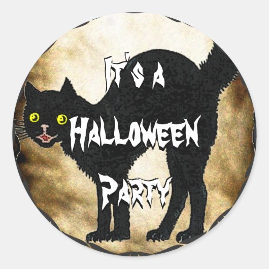 Sticker Rond HALLOWEEN Chat Noir Imprimé Faux Parchemin Brûlé (Devant)