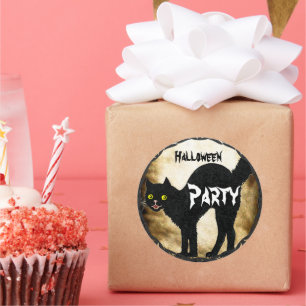 Sticker Rond HALLOWEEN Chat Noir Imprimé Papier Brûlé Mignon