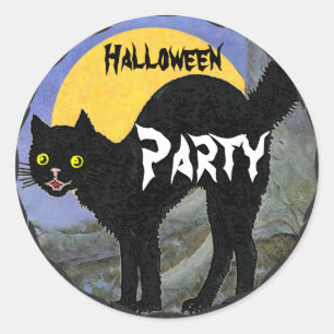 Sticker Rond HALLOWEEN Chat noir imprimé Pleine lune jaune