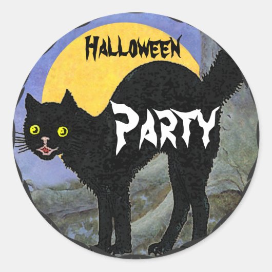 Sticker Rond HALLOWEEN Chat noir imprimé Pleine lune jaune (Devant)