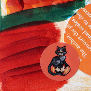 Sticker Rond Halloween Chat Noir Jack-o'-lantern