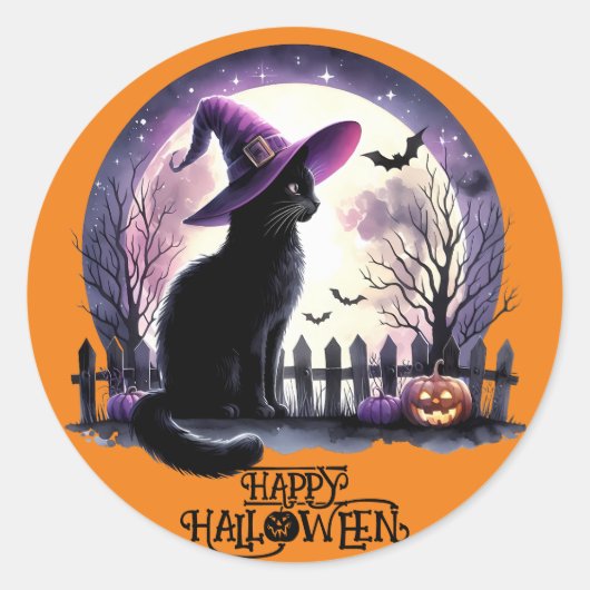 Sticker Rond Halloween Chat Noir sorcière et chauves-souris (Devant)