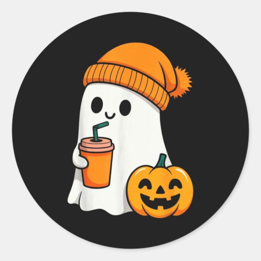 Sticker Rond Halloween Costume Ghost Drinking Pumpkin Men Women (Devant)