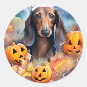 Sticker Rond Halloween Dachshund Avec La Peur Citrouille (Devant)