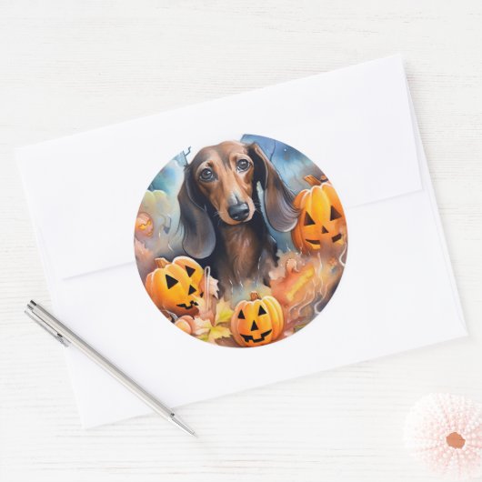 Sticker Rond Halloween Dachshund Avec La Peur Citrouille (Enveloppe)