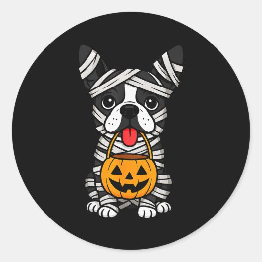 Sticker Rond Halloween Dog Boston Terrier Mummy Costume Men Wom (Devant)