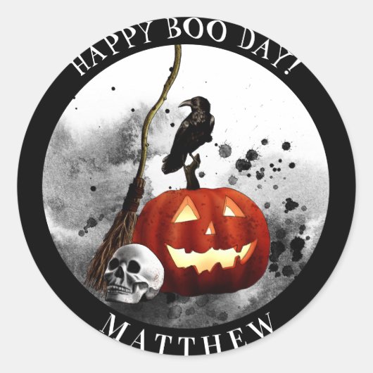 Sticker Rond Halloween éffrayant Anniversaire Citrouille Crow C (Devant)