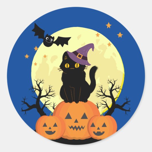 Sticker Rond Halloween Éffrayant Chat Sorcière Jack-o-lanternes (Devant)