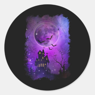Sticker Rond Halloween éffrayant Maison Hantée Ts Et Lune De Sa