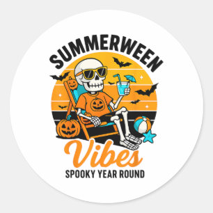 Sticker Rond Halloween été Ween Vibes Éffrayant Squelette Flott
