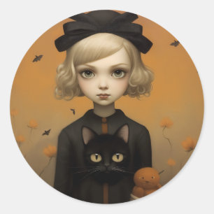 Sticker Rond Halloween fille et chat