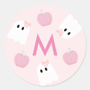 Sticker Rond Halloween Fille fantôme et Citrouille Monogramme r