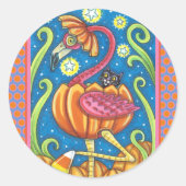 STICKER ROND HALLOWEEN FLAMANT ROSE ROSE & CHAT NOIR EN CITROUI (Devant)