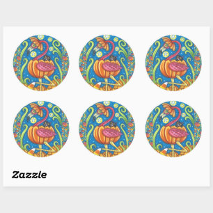 STICKER ROND HALLOWEEN FLAMANT ROSE ROSE & CHAT NOIR EN CITROUI
