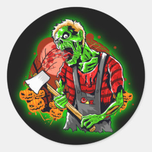 Sticker Rond Halloween Funny Green Zombie Ax sur