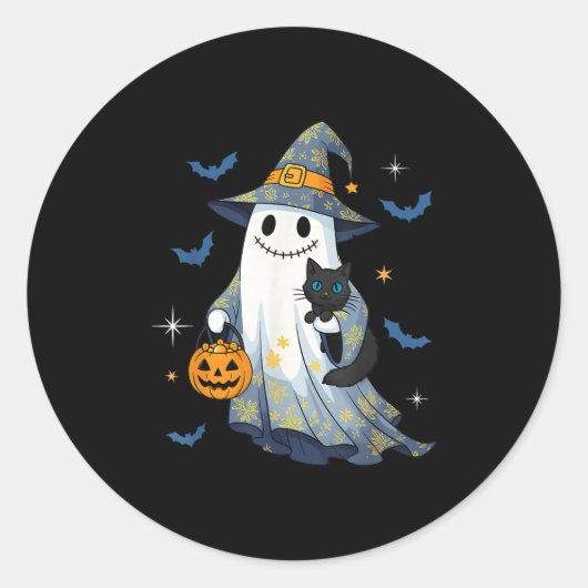 Sticker Rond Halloween Ghost Witch Holding Black Cat Funny Hall (Devant)